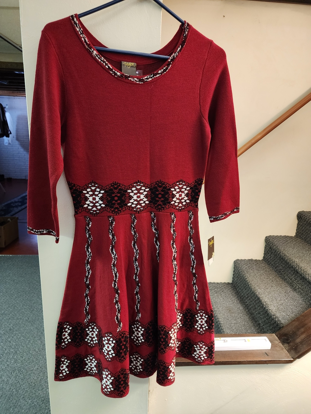 Taylor Red Long-Sleeve Knit Fit-and-Flare Dress with Black-and-White Trim NWT